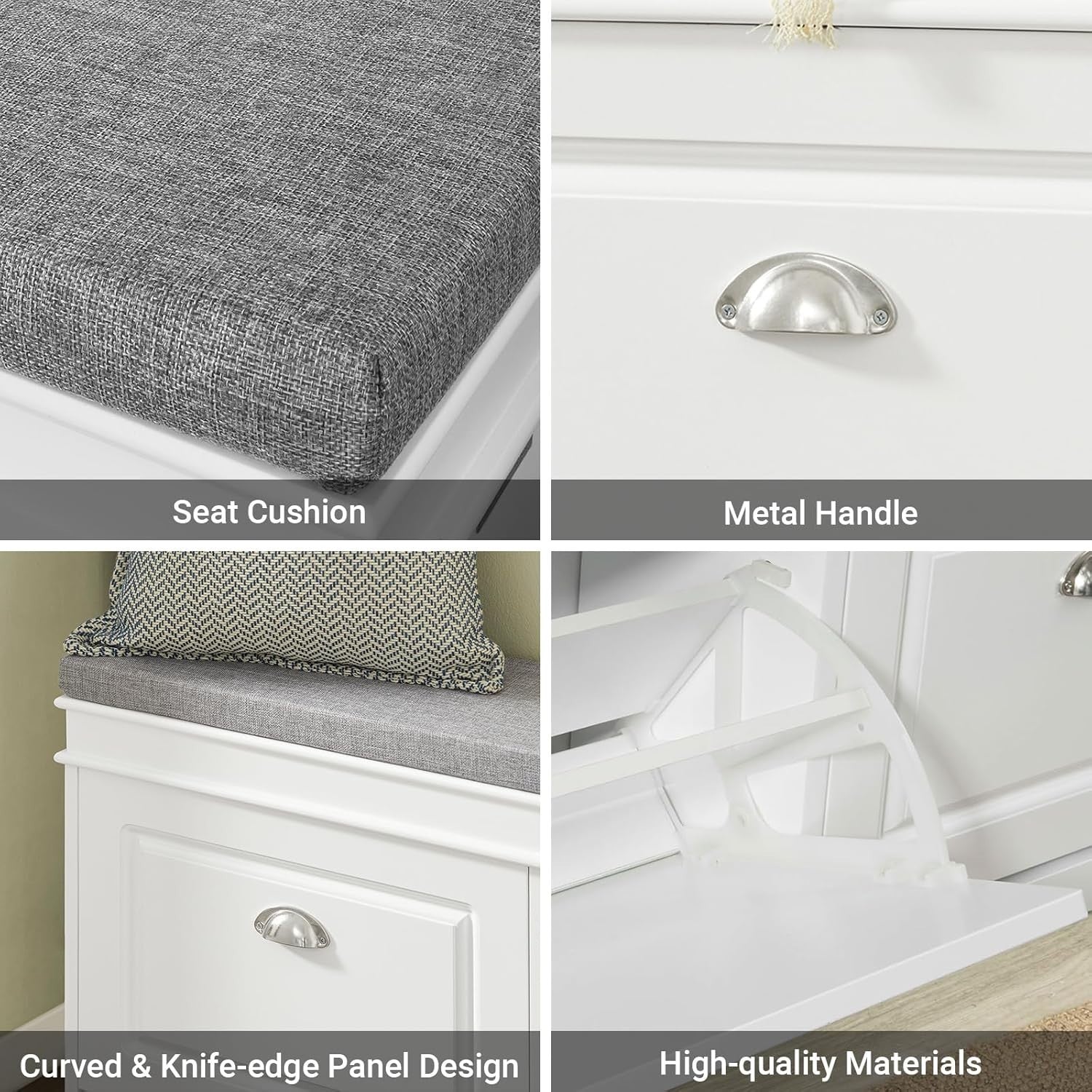 White Shoe Storage Bench with Cushion Seat & 2 Flip-Drawers – Slim Hallway Cabin