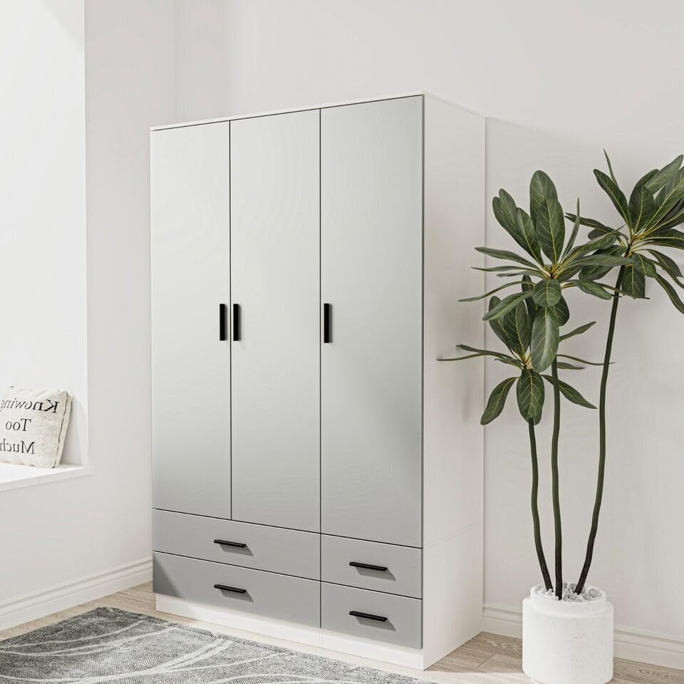 White Grey 3 Door Wardrobe with 4 Drawers Hanging Rail Bedroom Storage