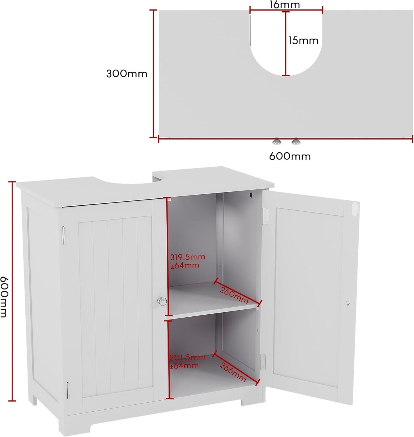 White Under Sink Bathroom Cabinet with 2 Doors & Space-Saving Shelf 60x30x60cm