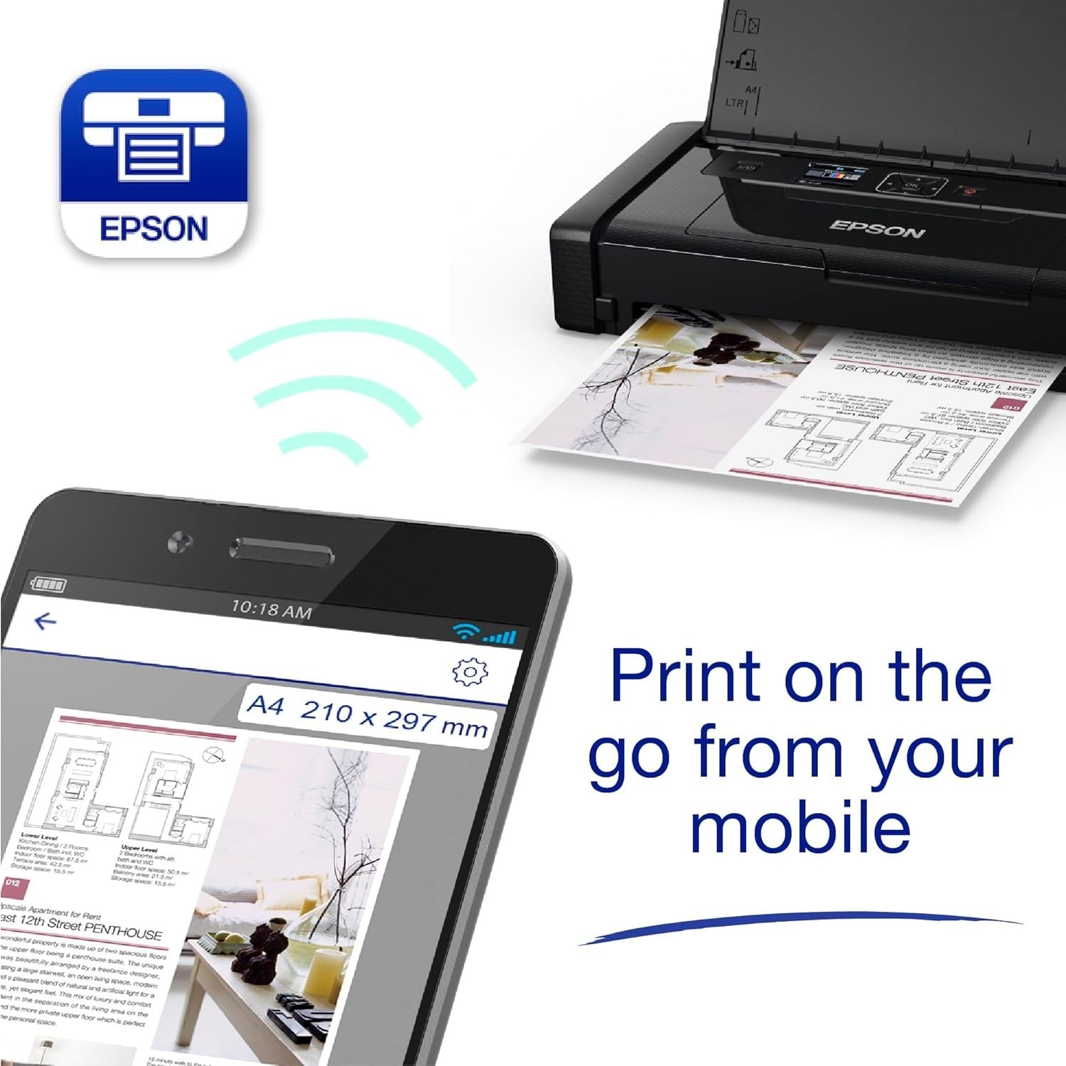 WorkForce WF-110W Portable A4 Wireless Inkjet Printer with Battery