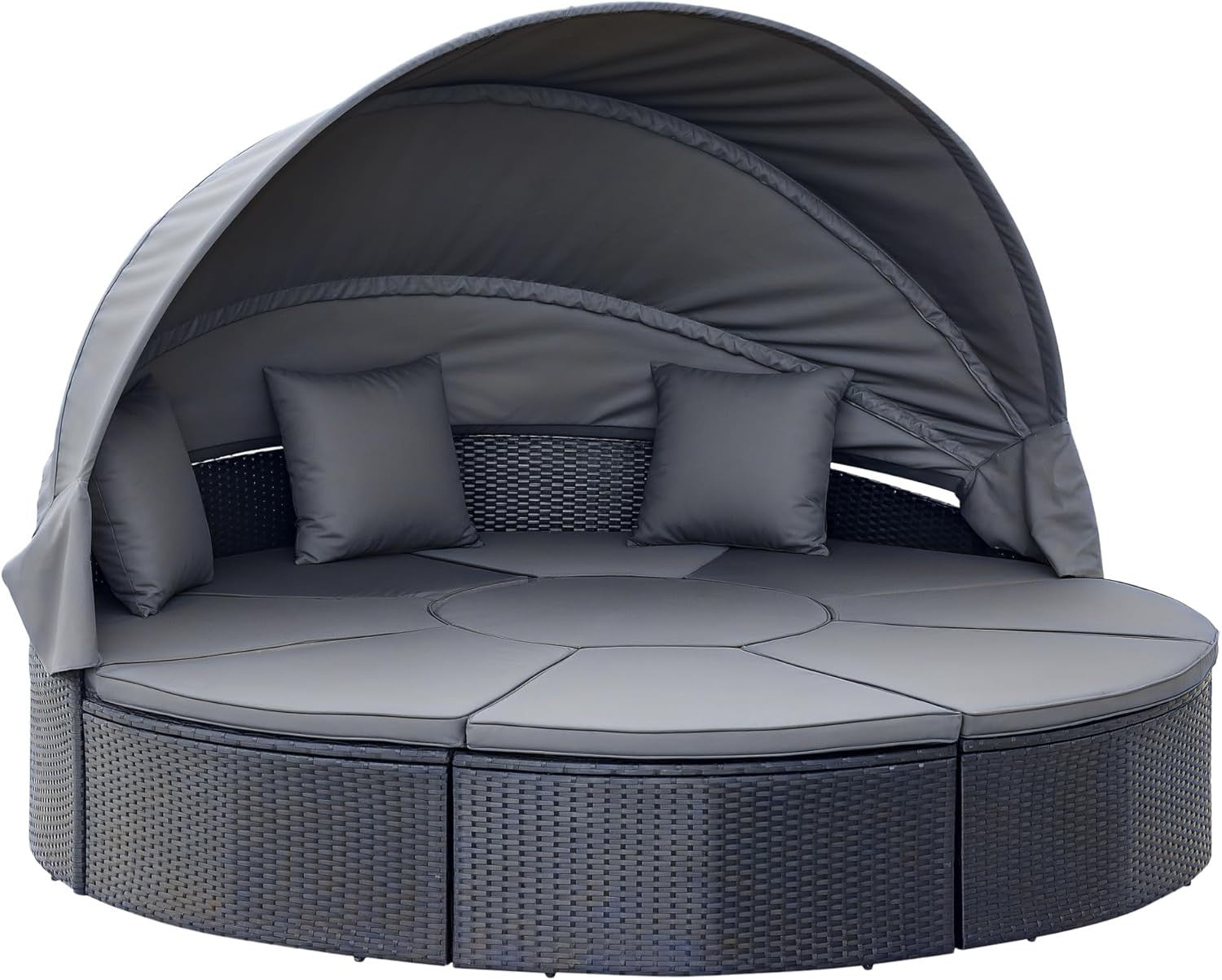 Luxury 4-Piece Rattan Garden Daybed Set w/ Canopy & Table – Round Sofa