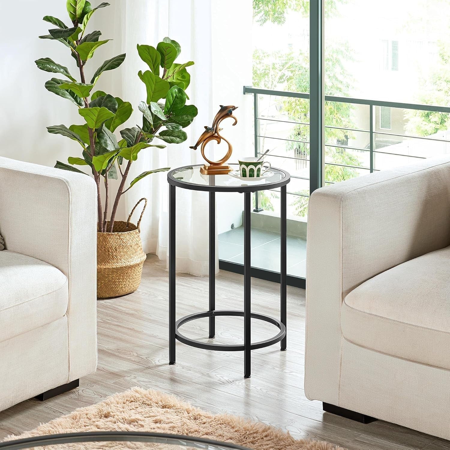 Modern Round Tempered Glass Side Table with Metal Frame, 40.5cm Top, Sturdy