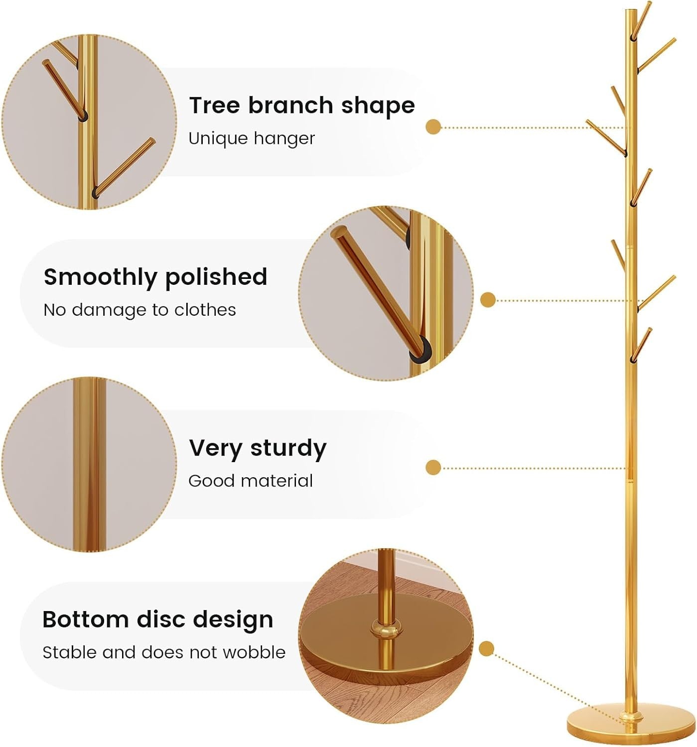 Gold Metal Coat Rack Stand 8 Hooks | Modern Freestanding Hall Tree 187cm