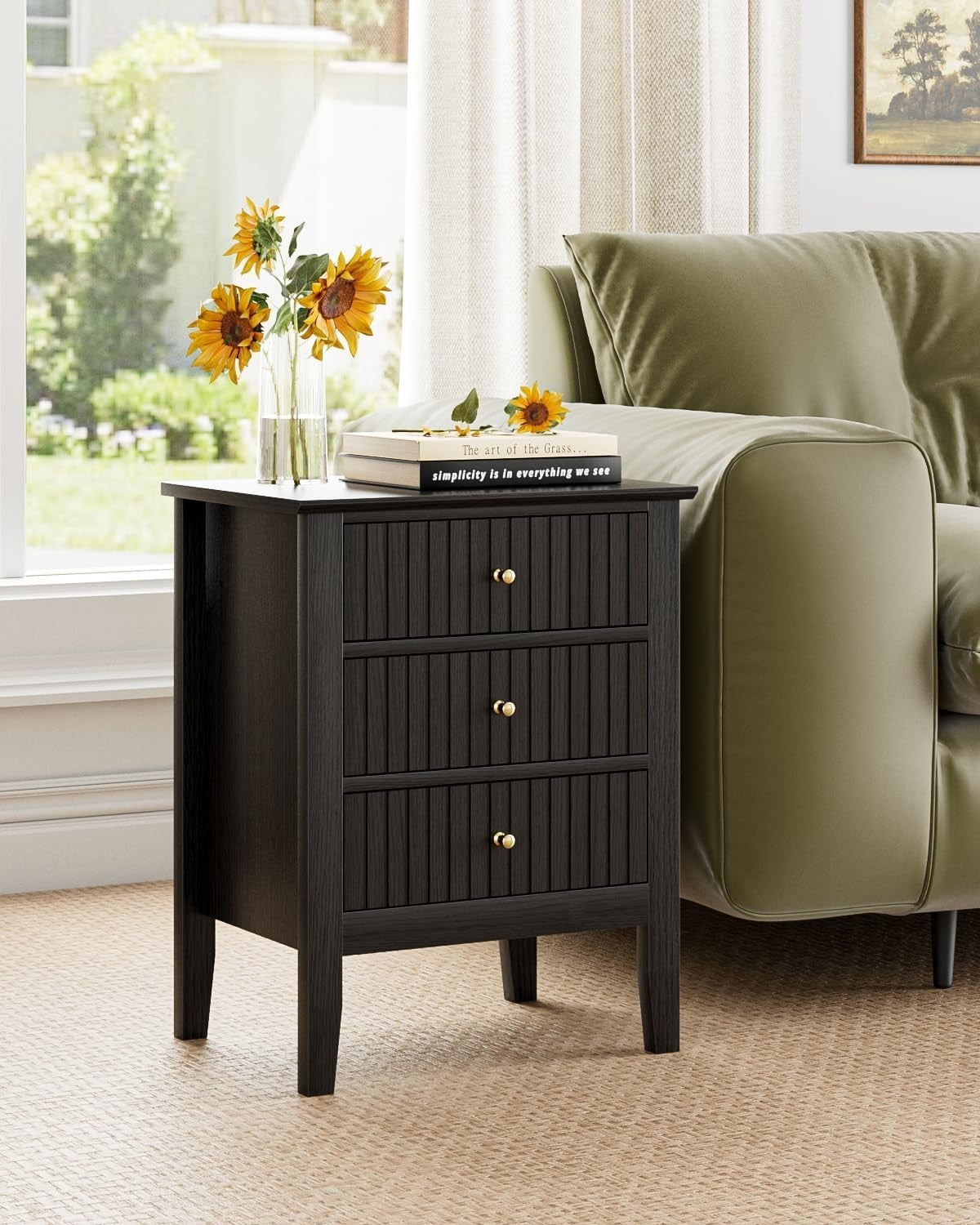 Modern Black Bedside Table with 3 Drawers Wooden Nightstand Bedroom Storage