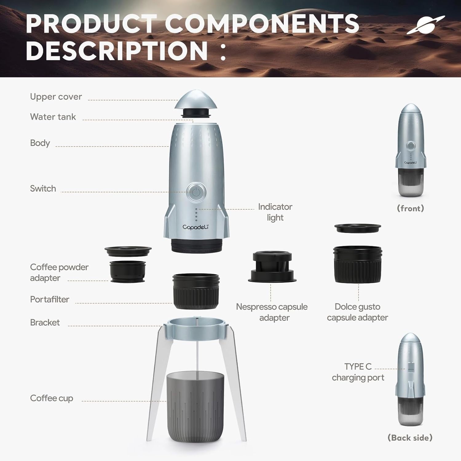 3-in-1 Portable Espresso Maker 19Bar Travel Coffee Machine USB-C Heated Brewer
