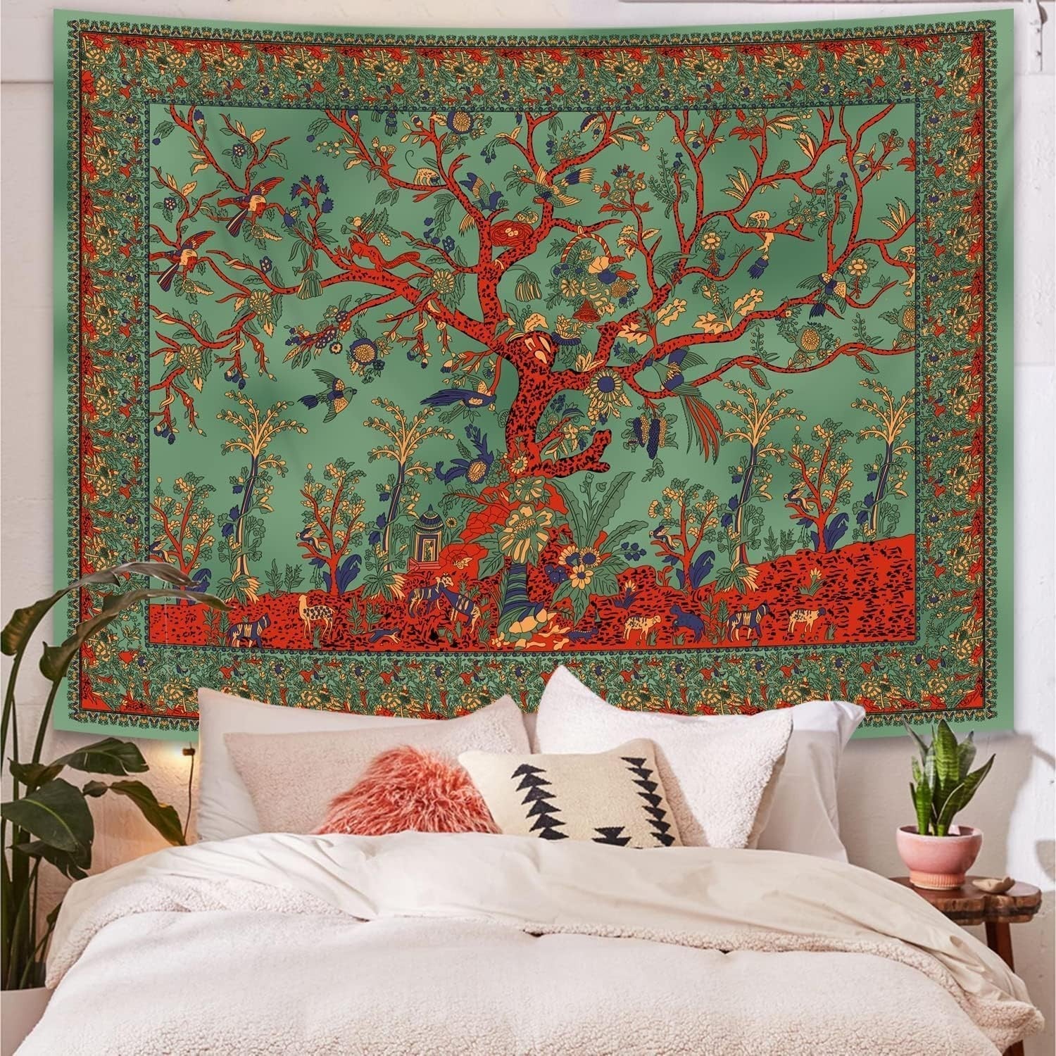 Tree of Life Tapestry Boho Wall Hanging HD Print Aesthetic Decor Green