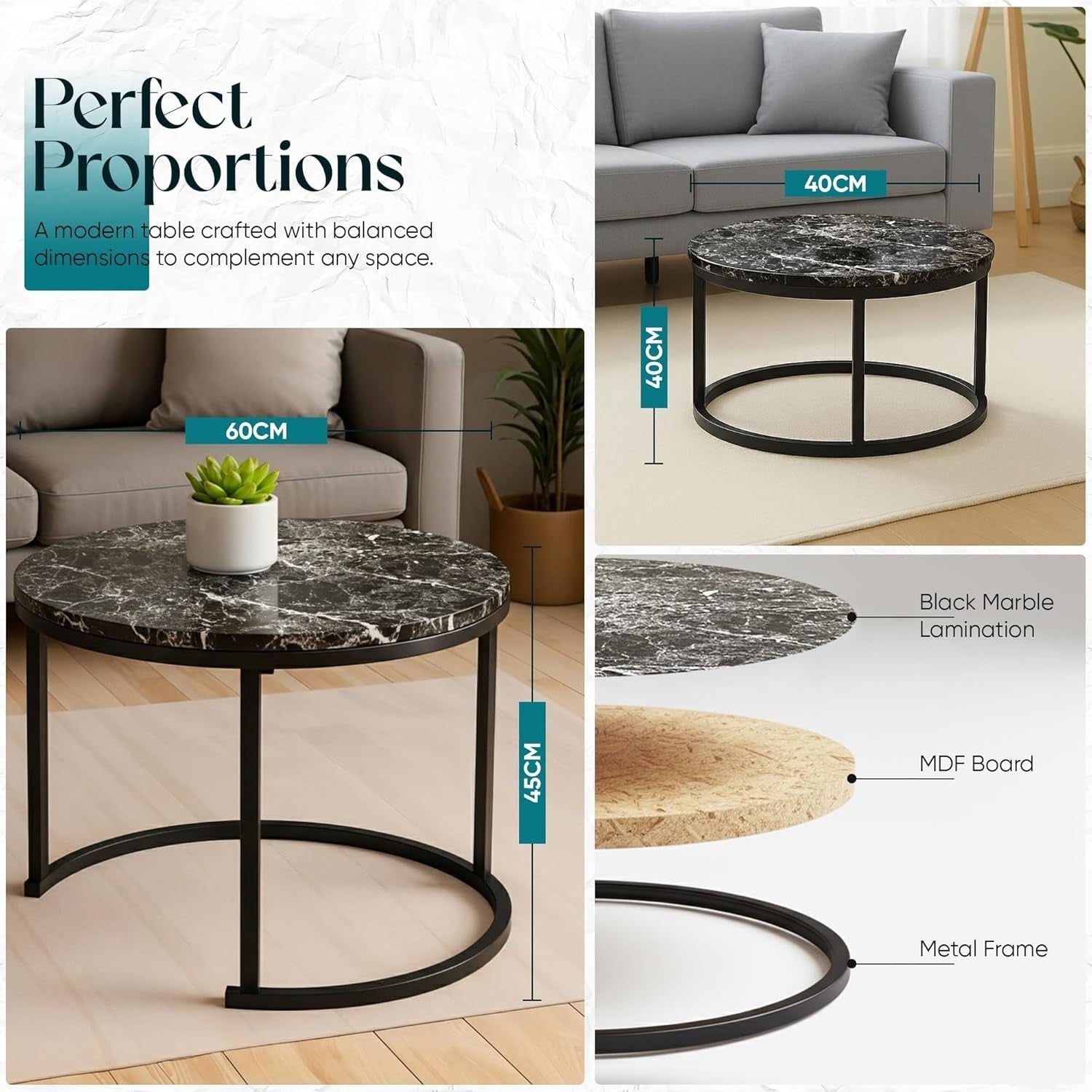 Space Saving Nesting Coffee Tables Set of 2 Black Marble Effect Round End Side A