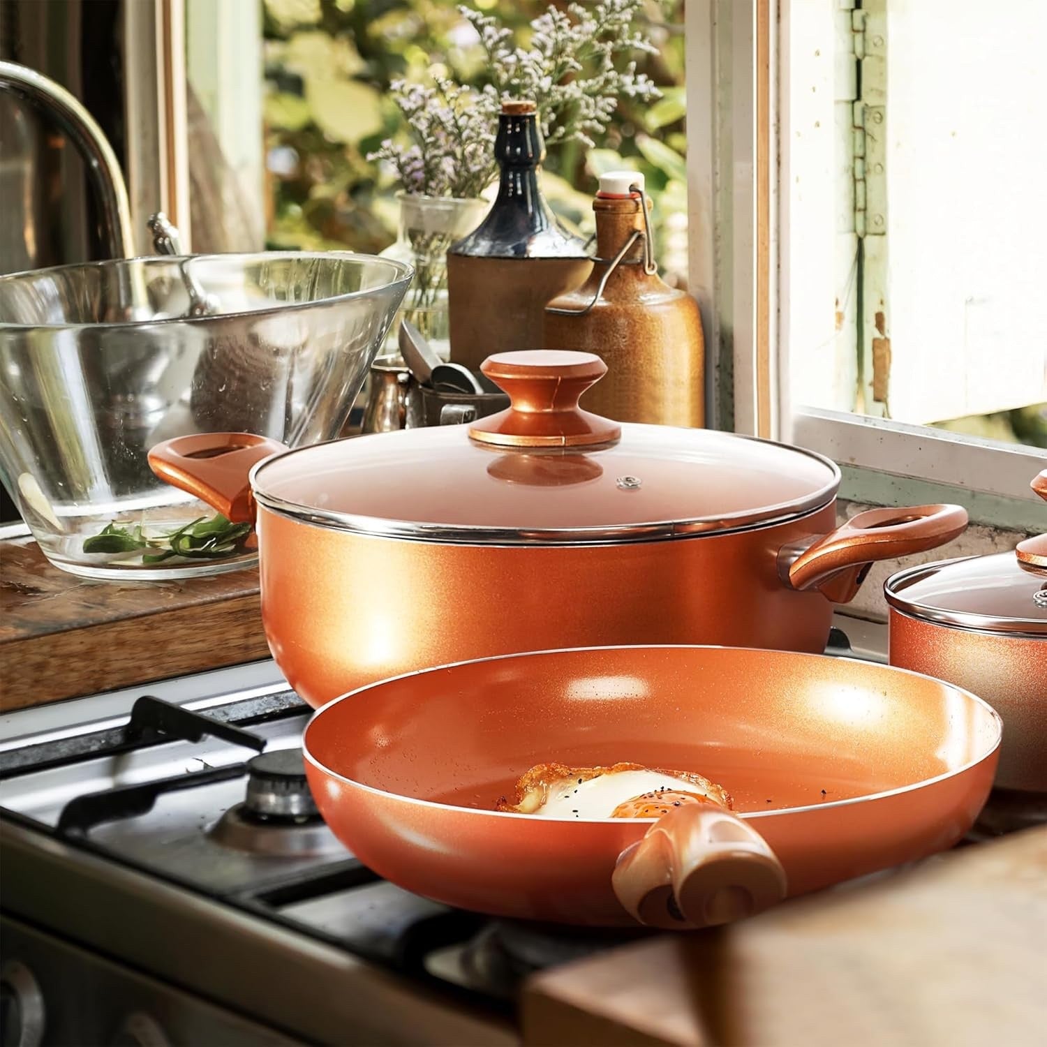 11pcs Copper Non Stick Cookware Set Induction Pots & Pans Dishwasher Safe