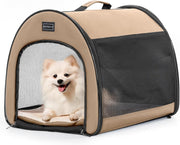 Soft Dog Crate 48x42x41cm Portable Travel Carrier Cat Kennel with Mat Khaki