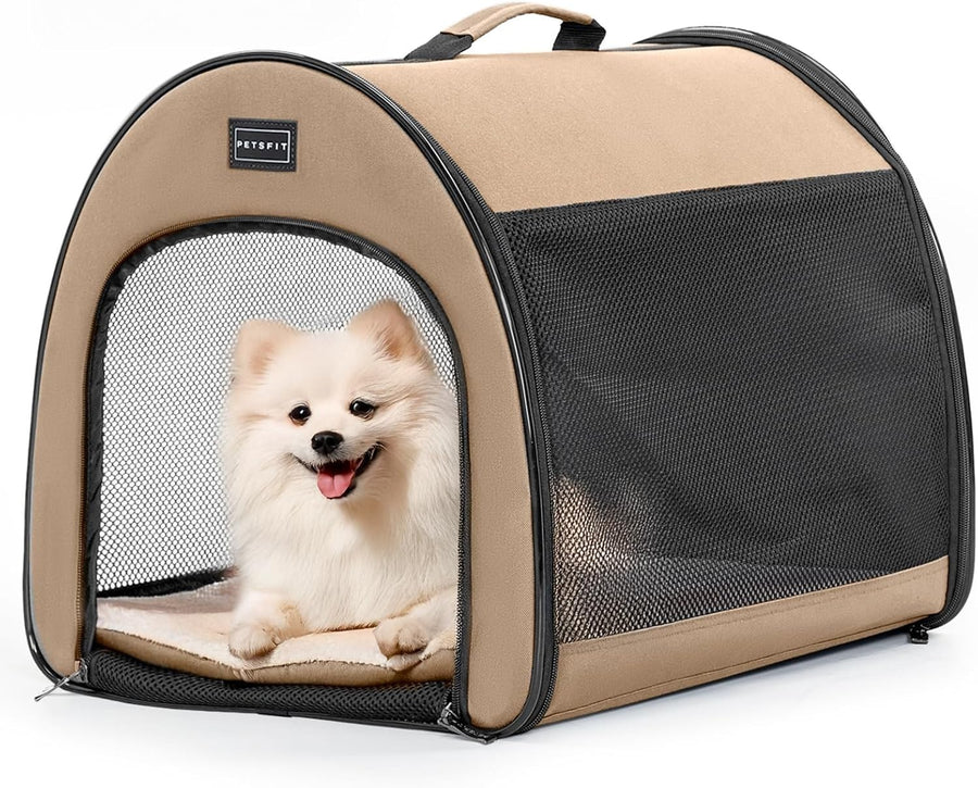 Soft Dog Crate 48x42x41cm Portable Travel Carrier Cat Kennel with Mat Khaki