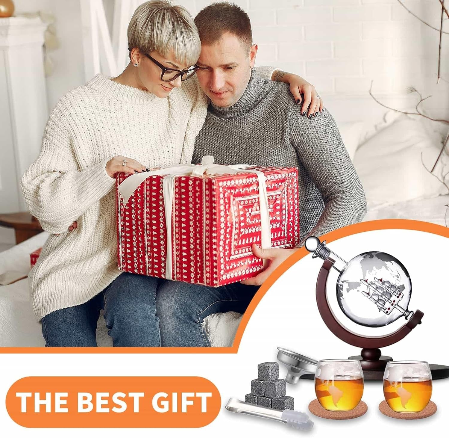 Luxury Globe Whiskey Decanter Set 800ml with Glasses & Ice Stones Gift Set