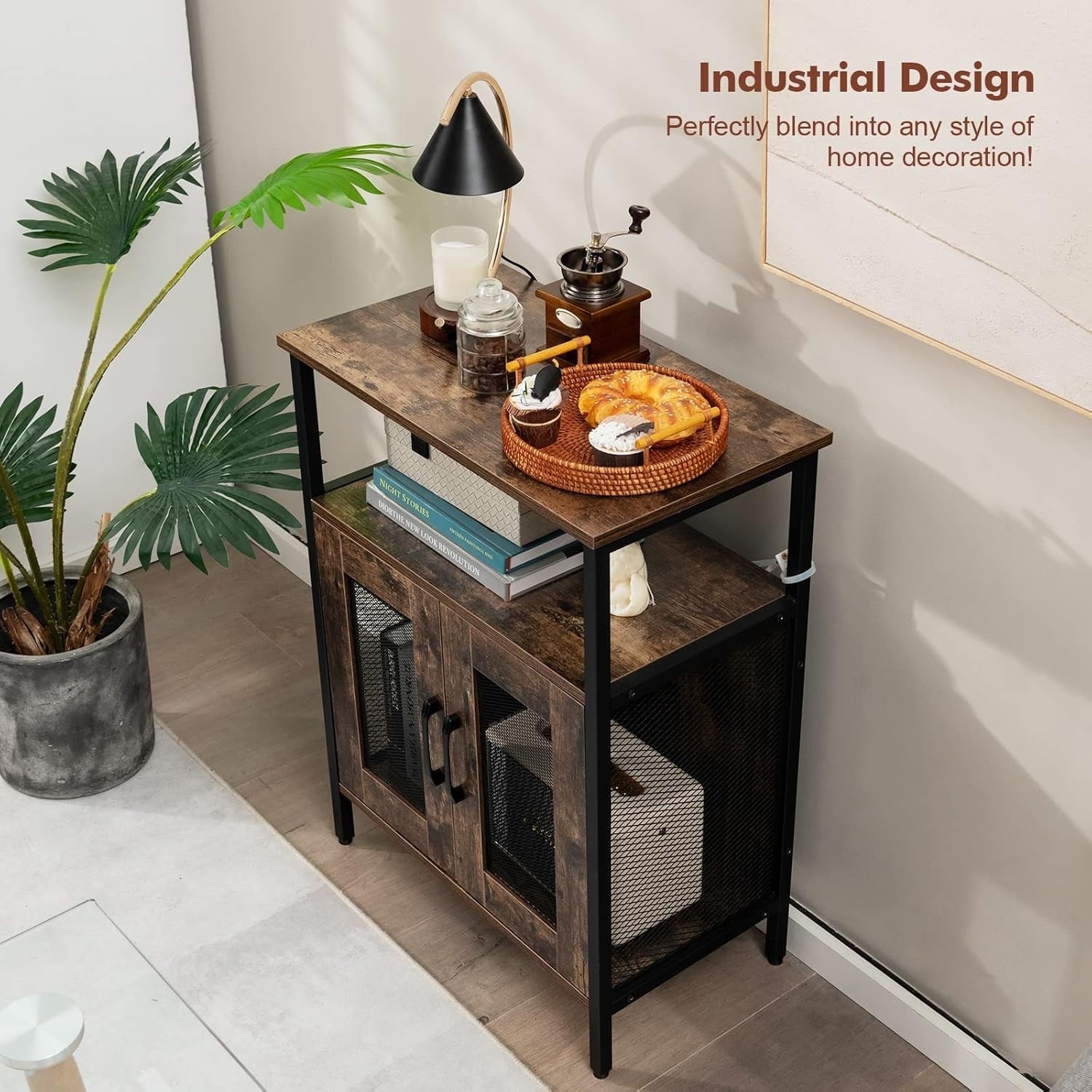 Industrial Wine Bar Cabinet Sideboard with Wine Rack & Glass Holder Rustic Brown