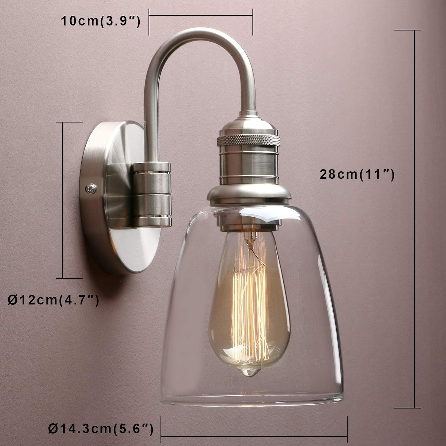 Vintage Industrial Glass Wall Sconce Lights, Clear Shade, Brushed Metal