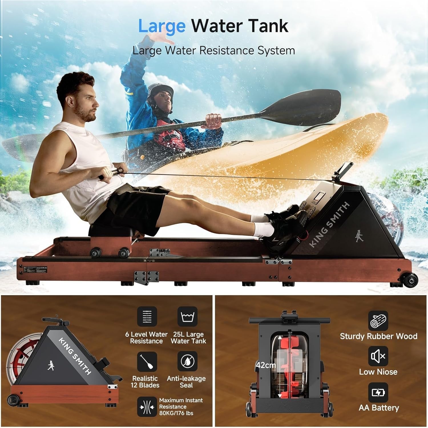 Triple-Fold Water Rowing Machine 6-Level Resistance LED App Rower 150KG Red Oak