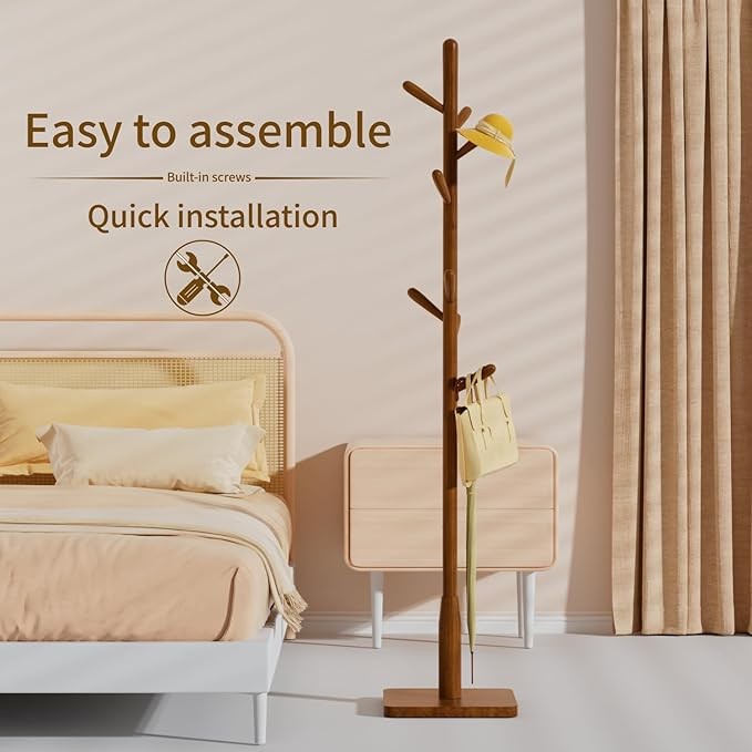 Brown Solid Wood Coat Rack 8 Hooks Square Base Freestanding Hall Stand