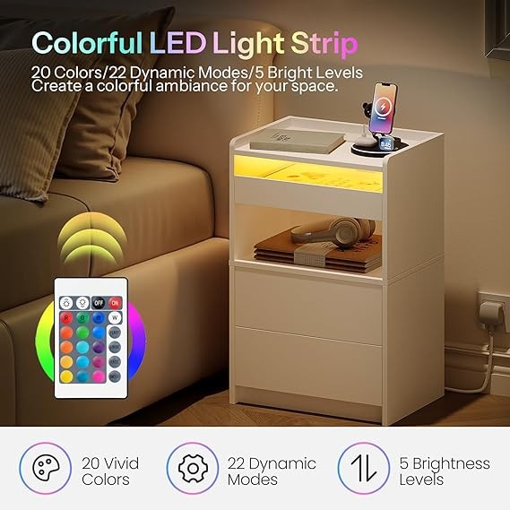 Modern LED Bedside Table with Charging Station, 3 Drawers, USB Power, White
