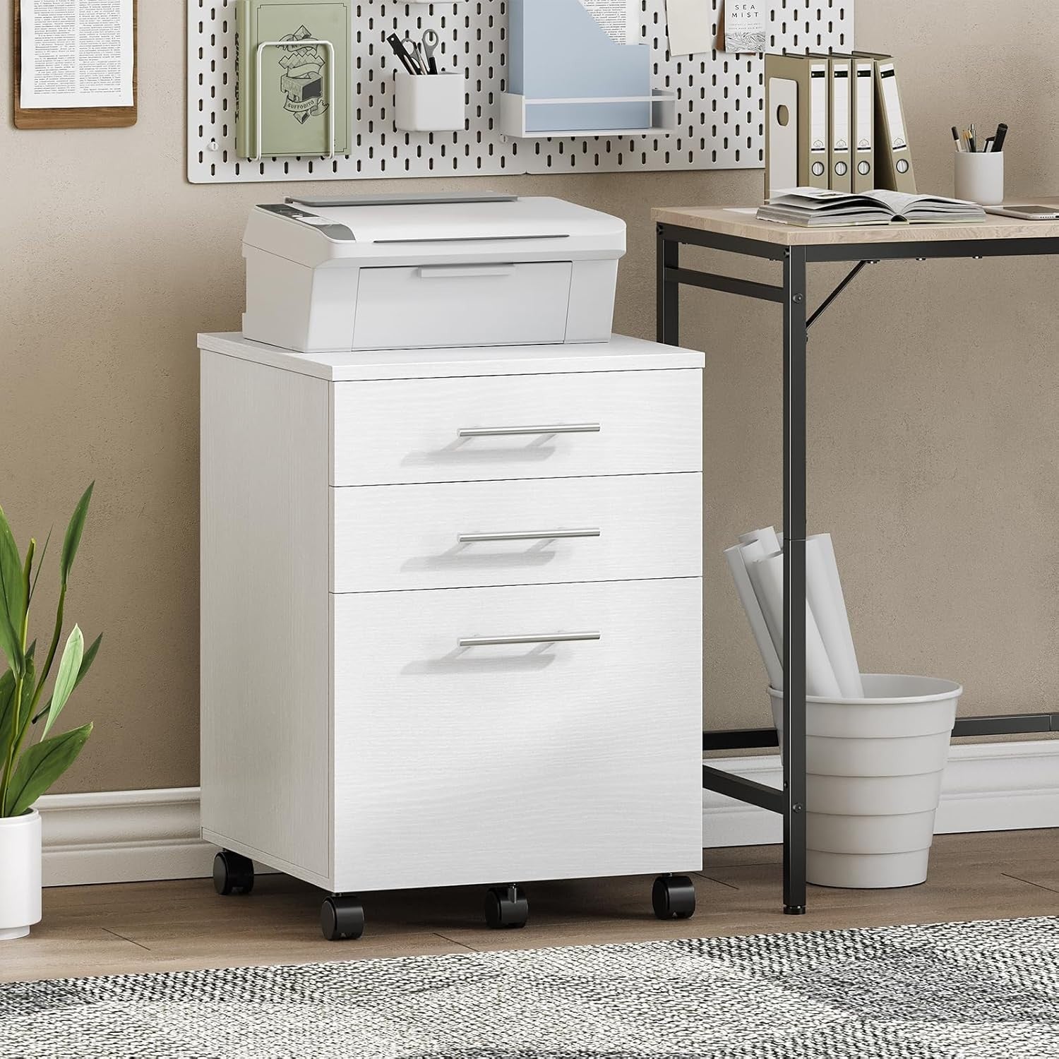 3 Drawer Mobile Filing Cabinet Rolling Office Storage Under Desk White