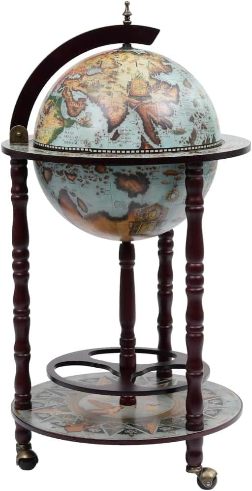 Vintage Globe Bar Drinks Cabinet on Wheels | Bottle & Glass Storage Blue/Brown