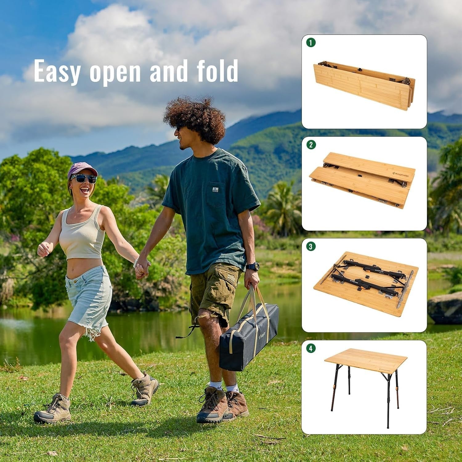 Adjustable Folding Camping Table Bamboo Top Portable Picnic Table 80kg Load