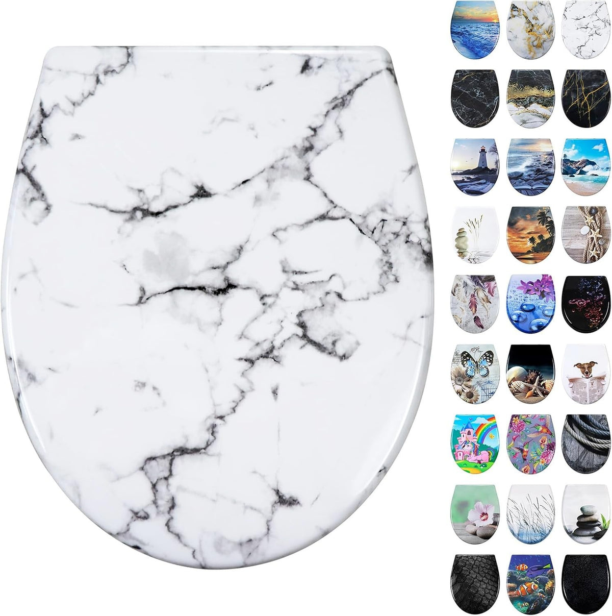 Soft Close Toilet Seat White Marble Quick Release Top Fixing Duroplast 45x37cm