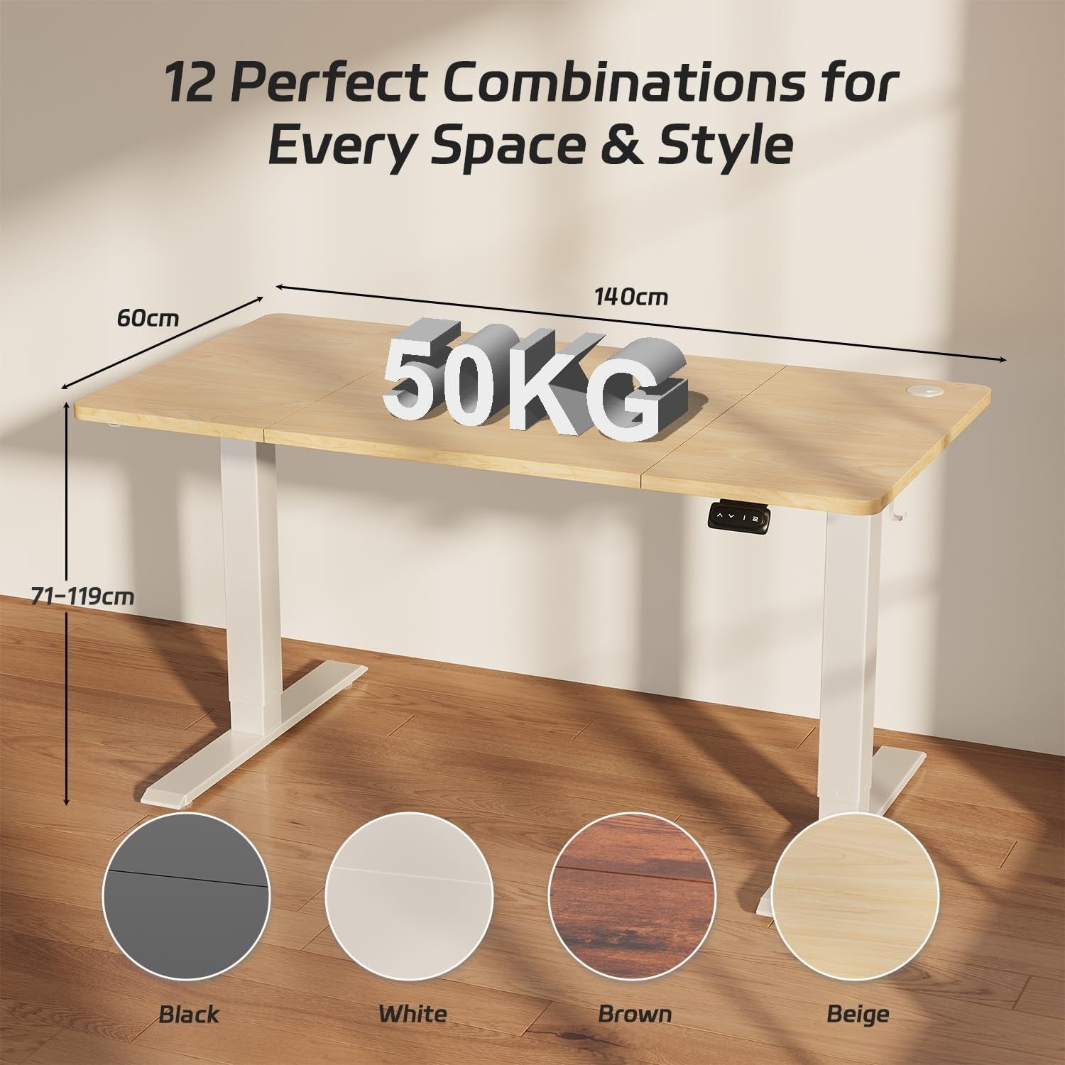 Electric Standing Beige Desk 140x60cm Adjustable Sit Stand Table with Memory