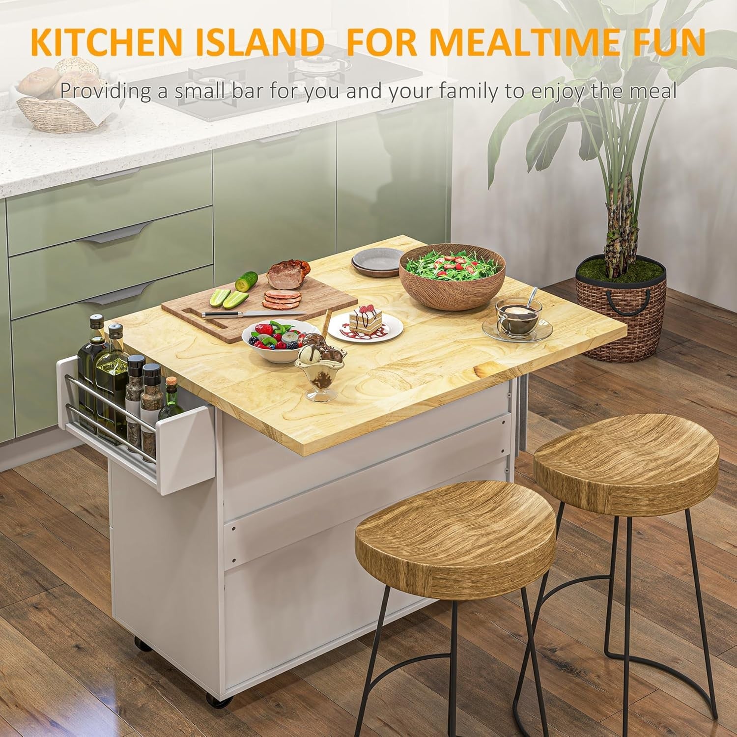 Kitchen Island on Wheels Drop Leaf Storage Cart with Drawers Wooden Top