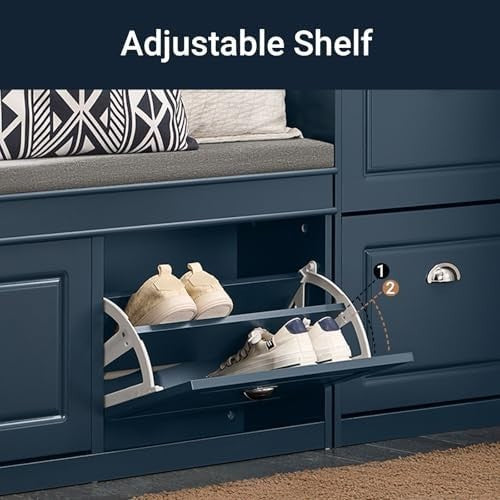 Blue Shoe Storage Bench with Seat & 2 Flip Drawers – Modern Hallway Organizer