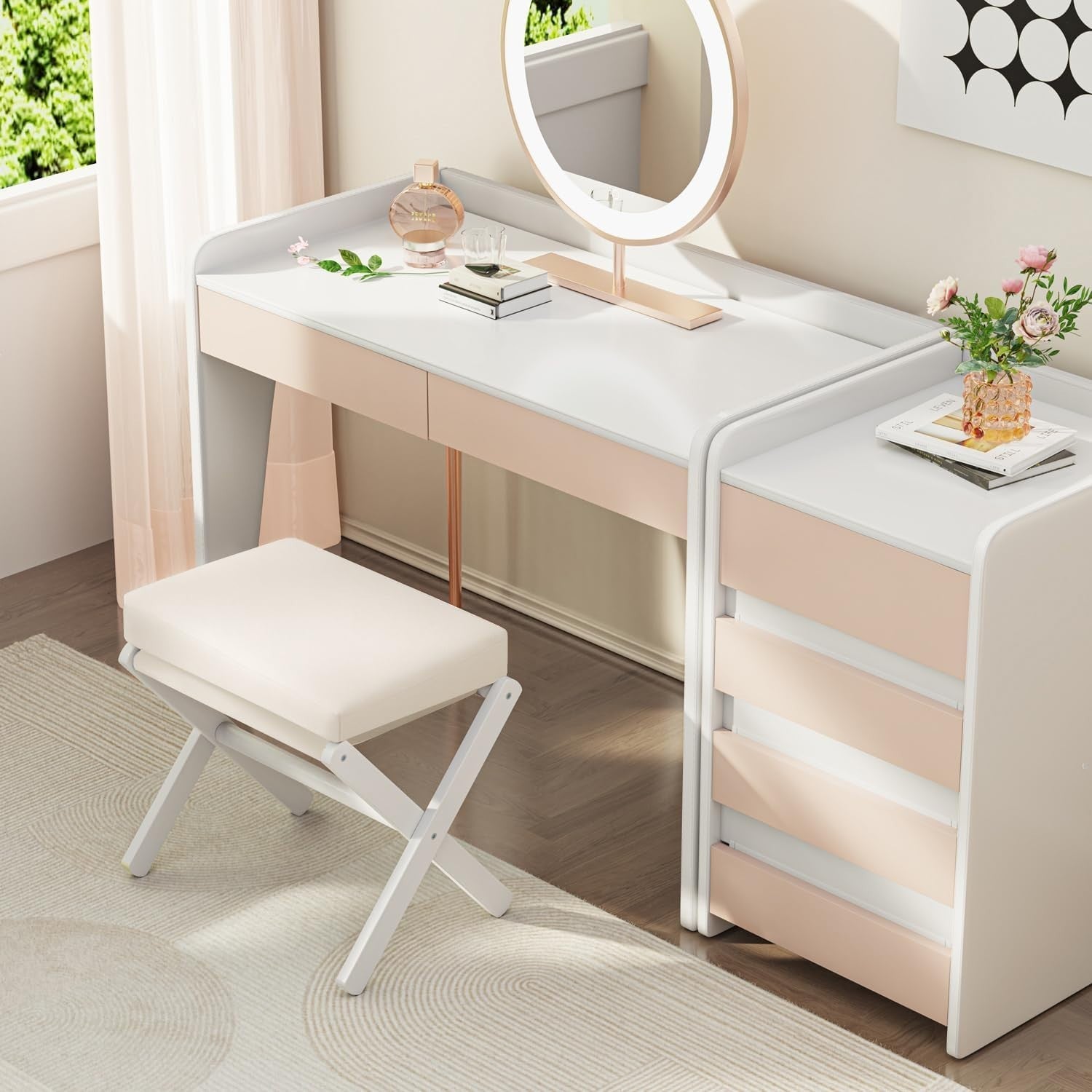 White Bamboo Foldable Footstool with Thick Cushion & X-Leg Design