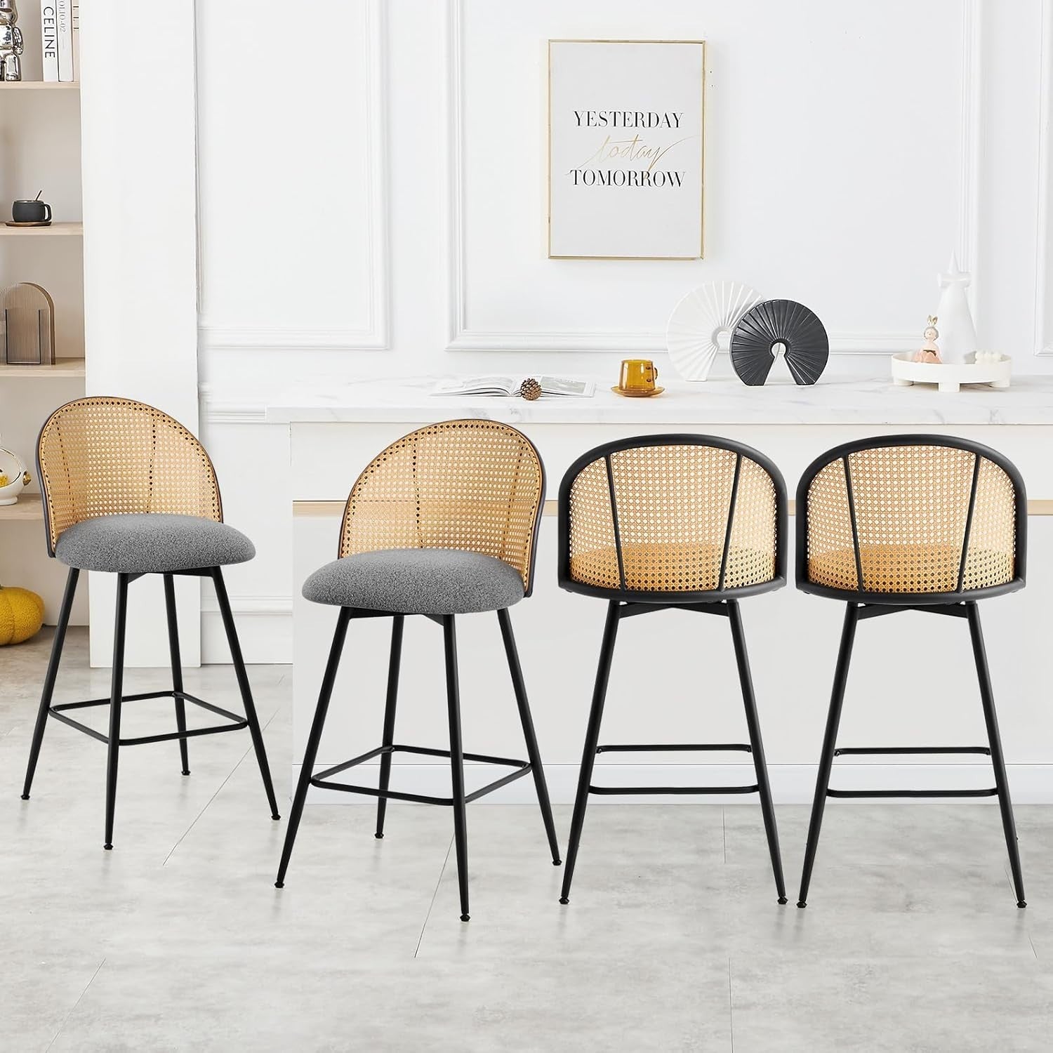 Swivel Bar Stools Set of 4 Rattan Back Upholstered Counter Height Kitchen Seats