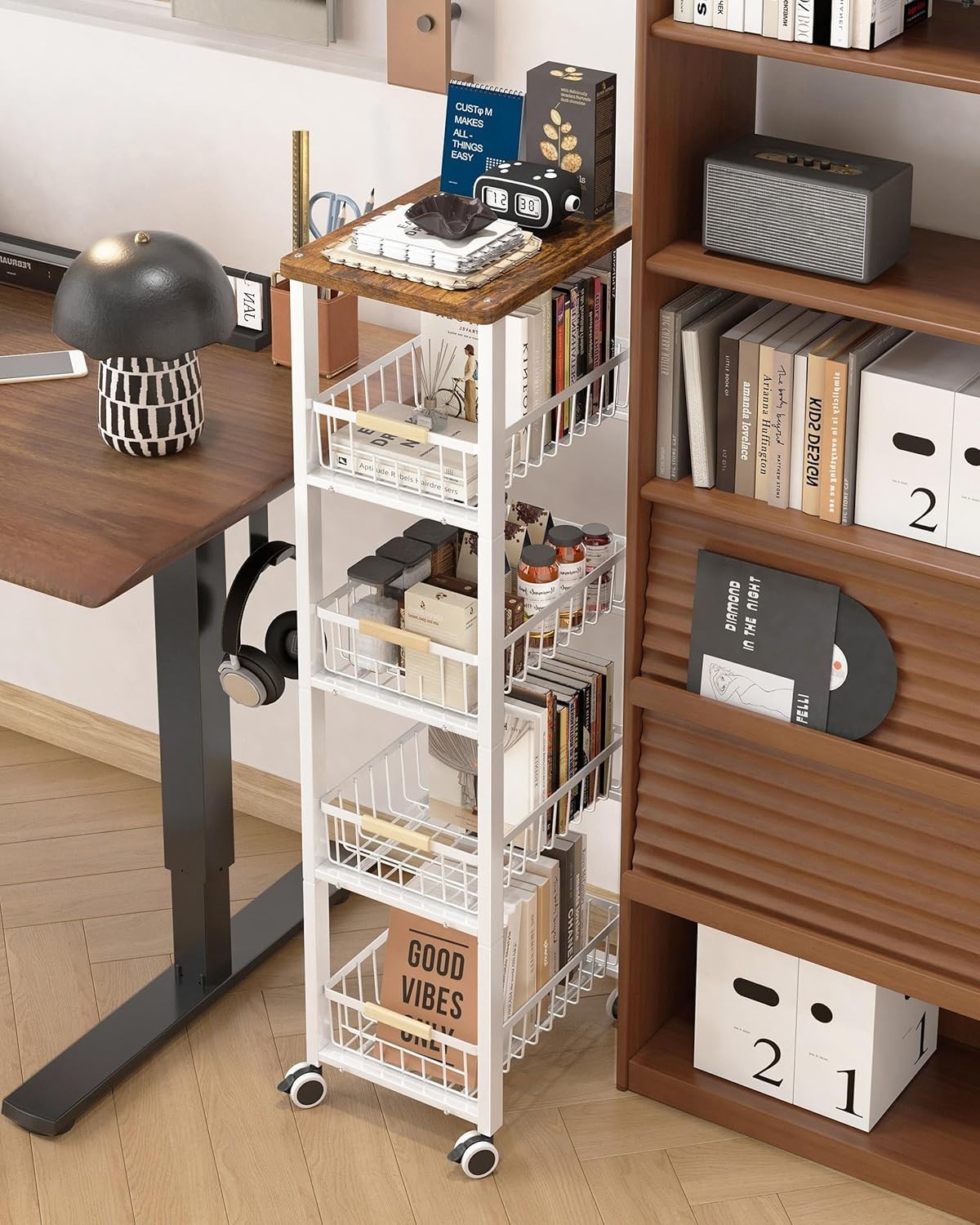 5 Tier Slim Kitchen Storage Trolley on Wheels Wood Top