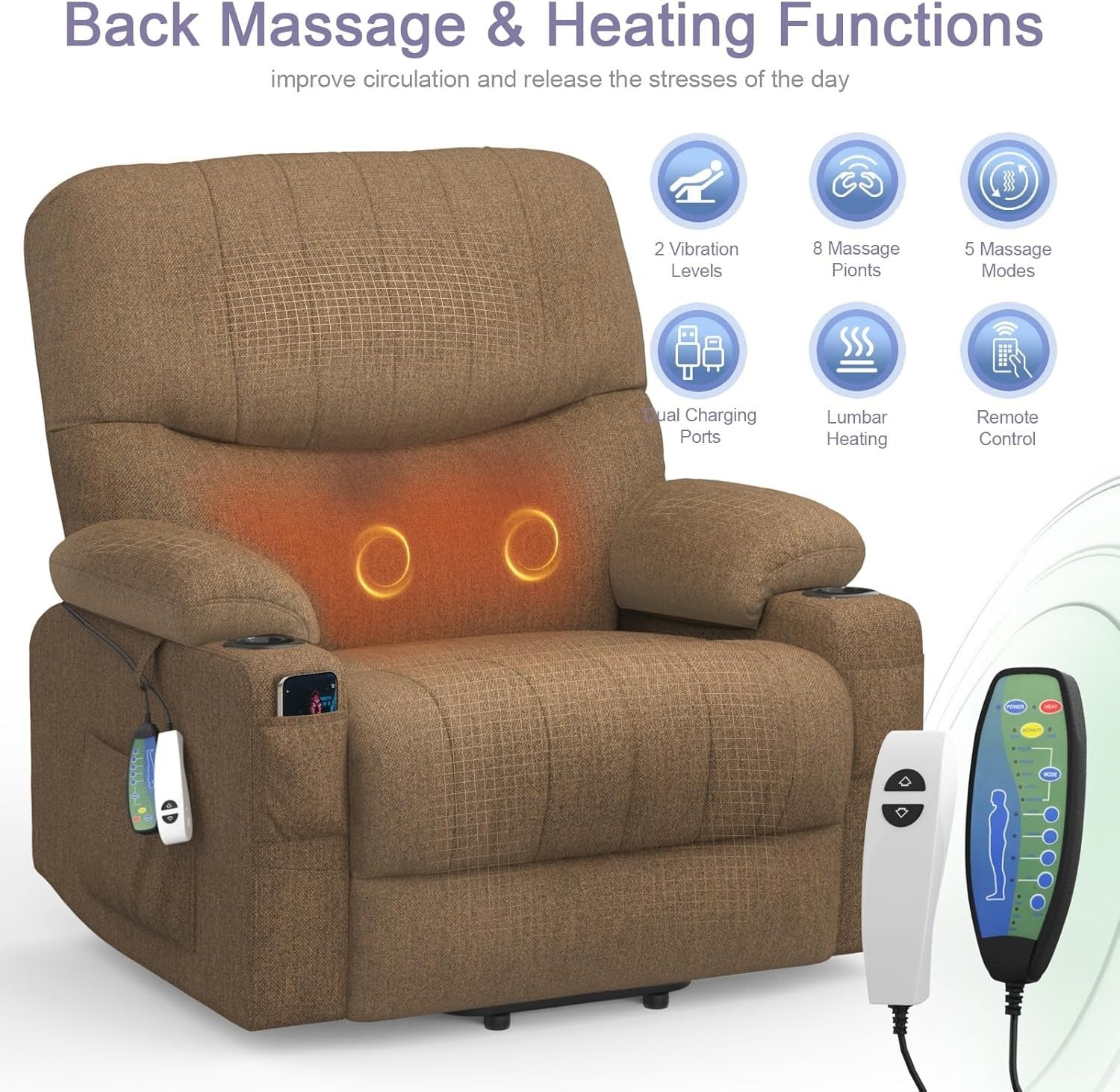 Electric Recliner Chair Massage Heat Oversized w/ Footrest USB Type-C Cup Holder