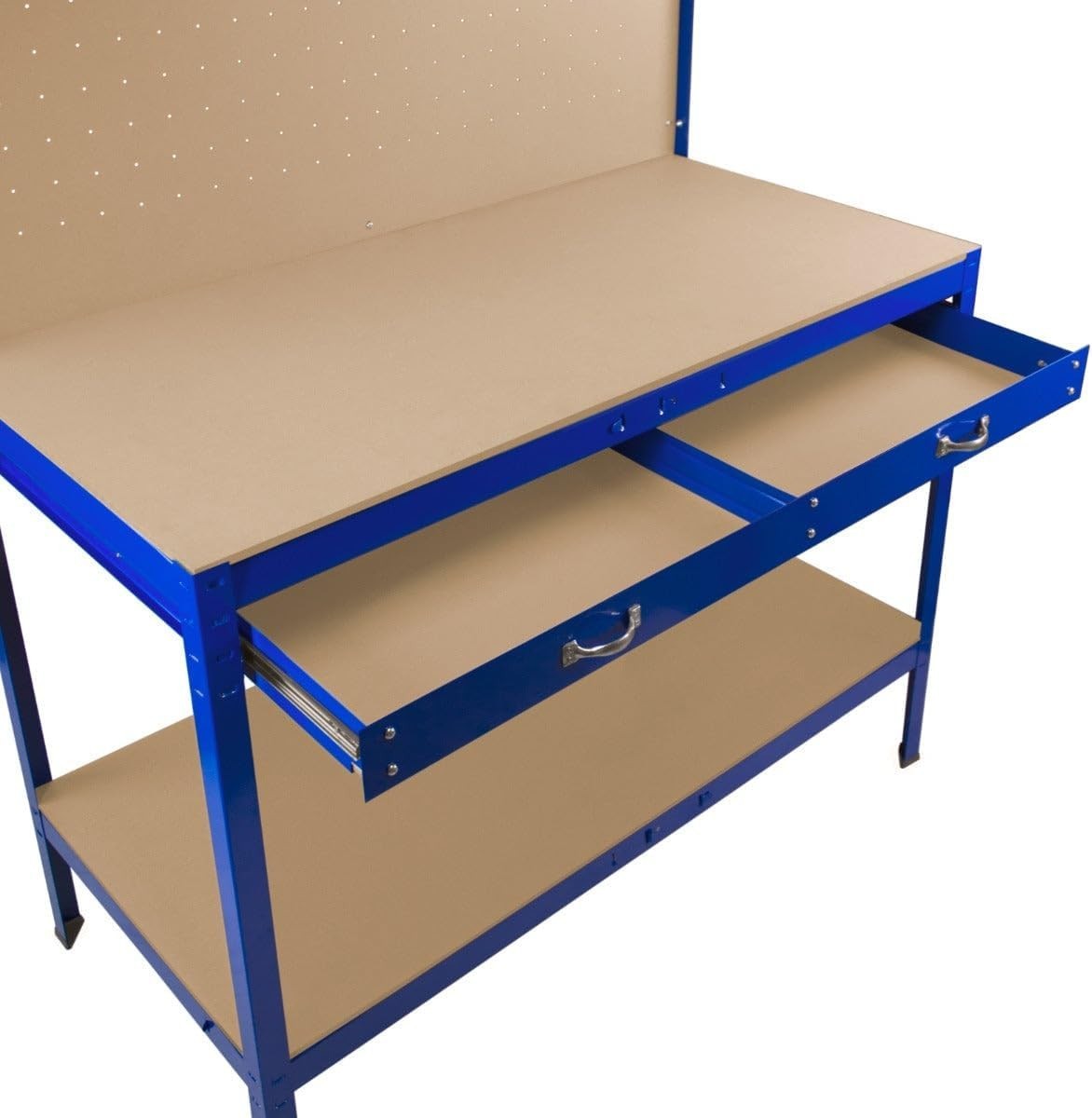 Blue Garage Workbench Steel Pegboard Drawer LED Light 370kg Tool Station