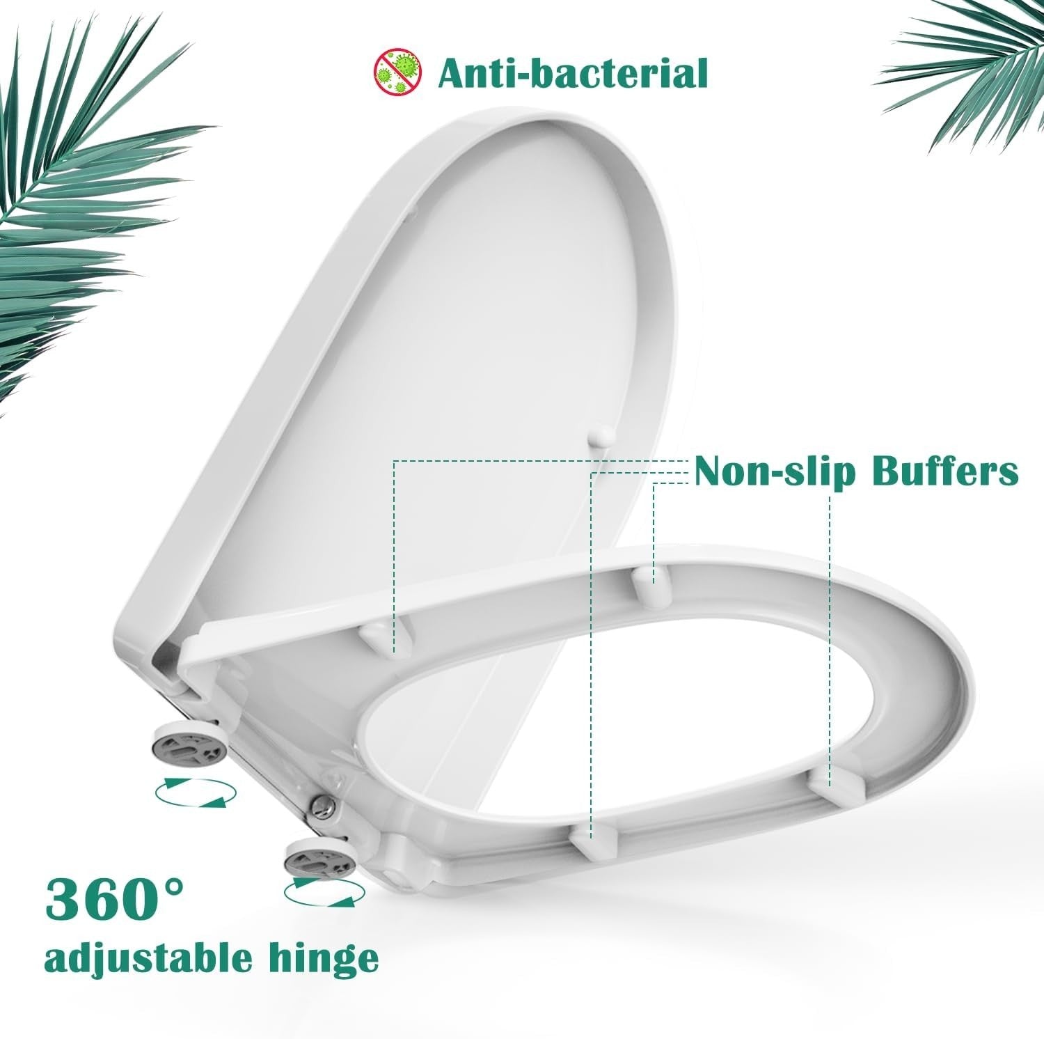 D Shape Soft Close Toilet Seat White Quick Release Antibacterial PP 46.6x36cm