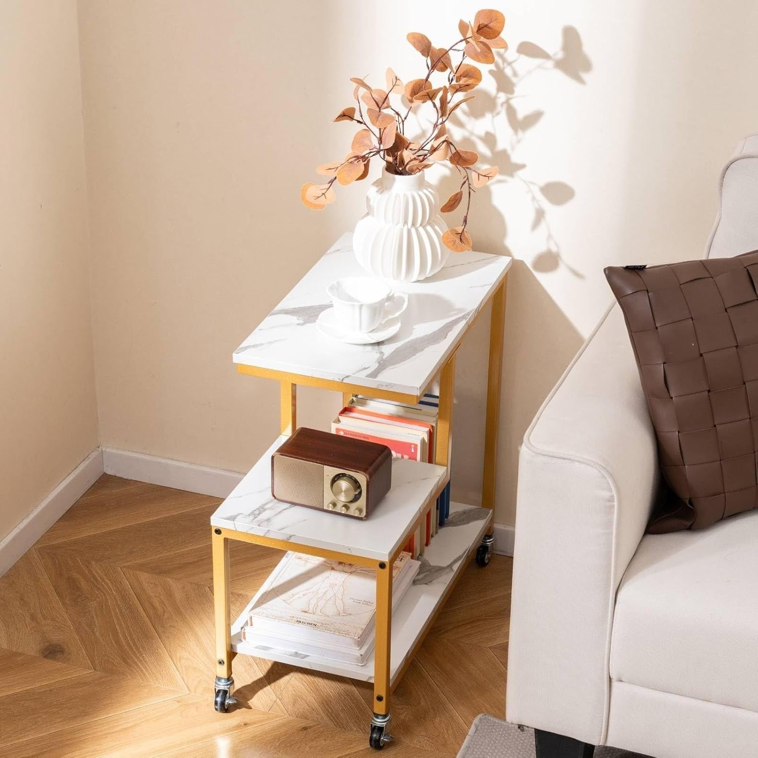 White Gold G-Shaped Sofa Side Table with Wheels | 3-Tier End Table Storage