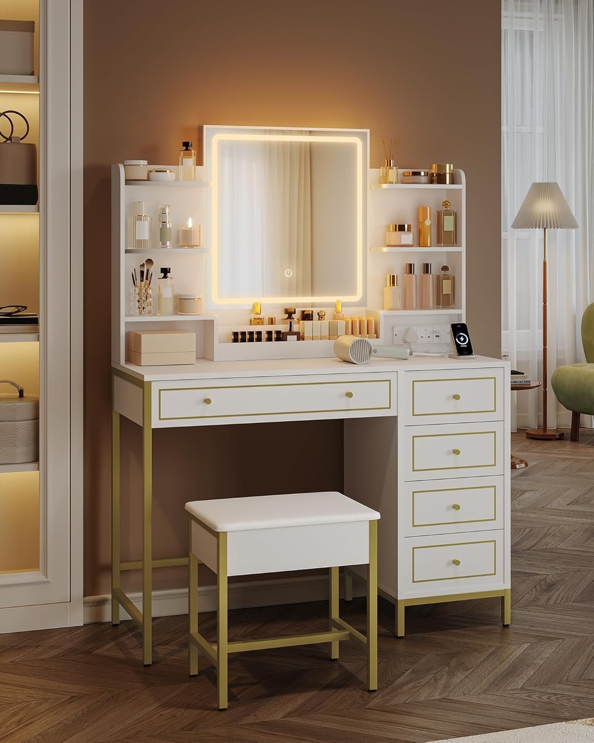 Luxury Dressing Table Vanity Makeup Desk Set w/ LED Mirror, 5 Drawers, Charging