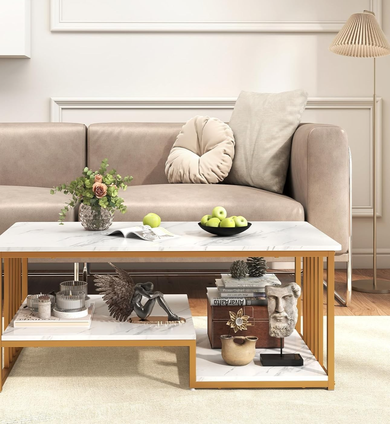 Modern Faux Marble Coffee Table 2-Tier Rectangular with Storage Shelf 110x60cm