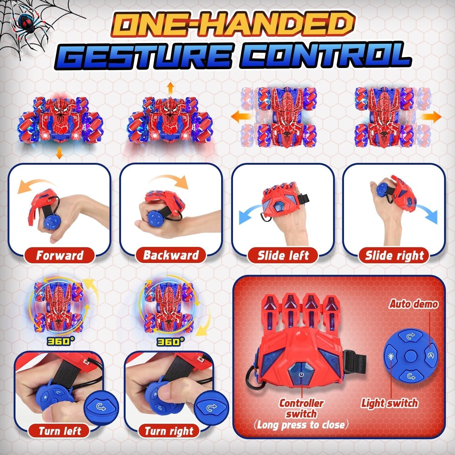 Spider Gesture RC Car for Kids 4–12, 4WD Double-Sided Stunt Car w/ Full-Body LED