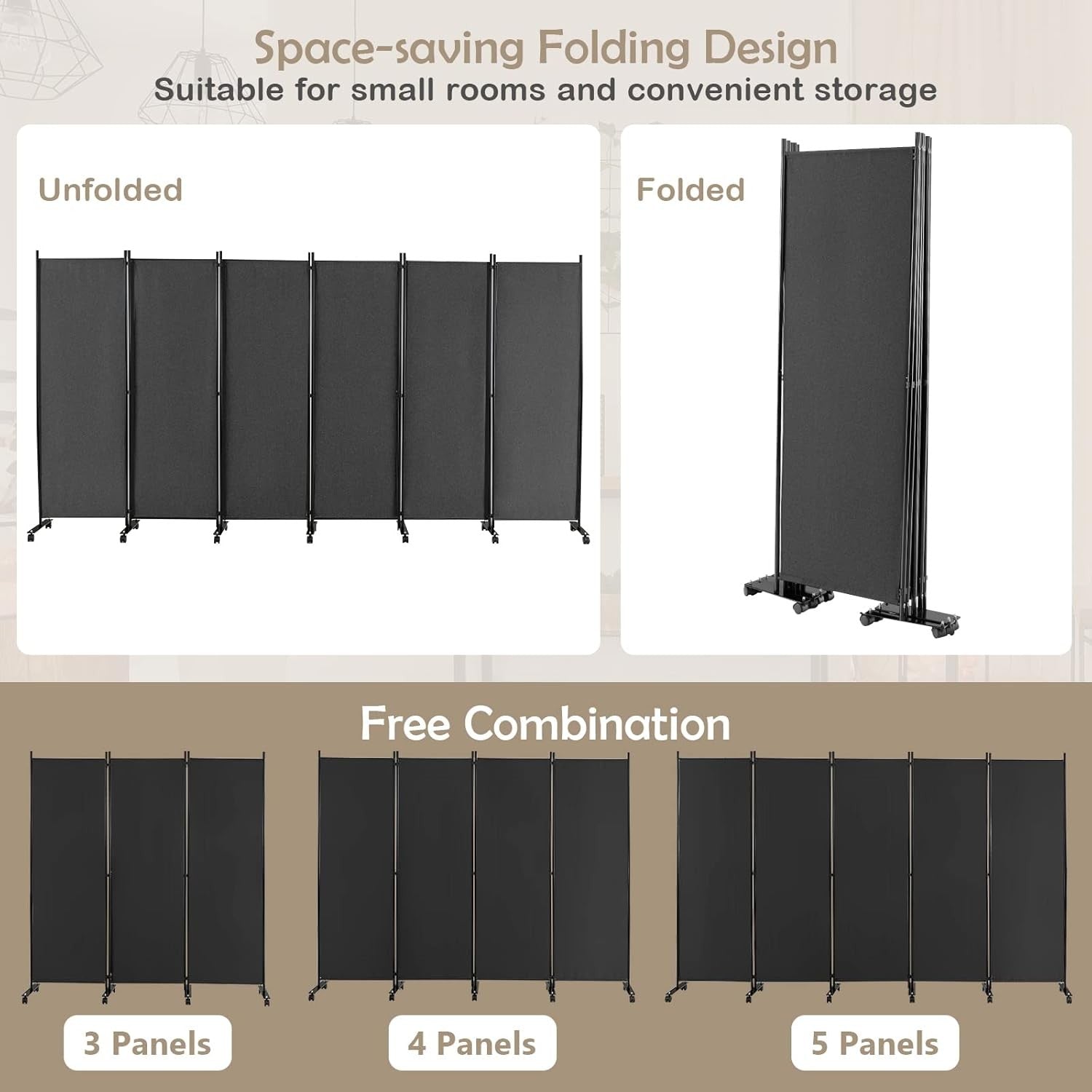 6 Panel Grey Folding Room Divider Privacy Screen on Wheels for Home Office