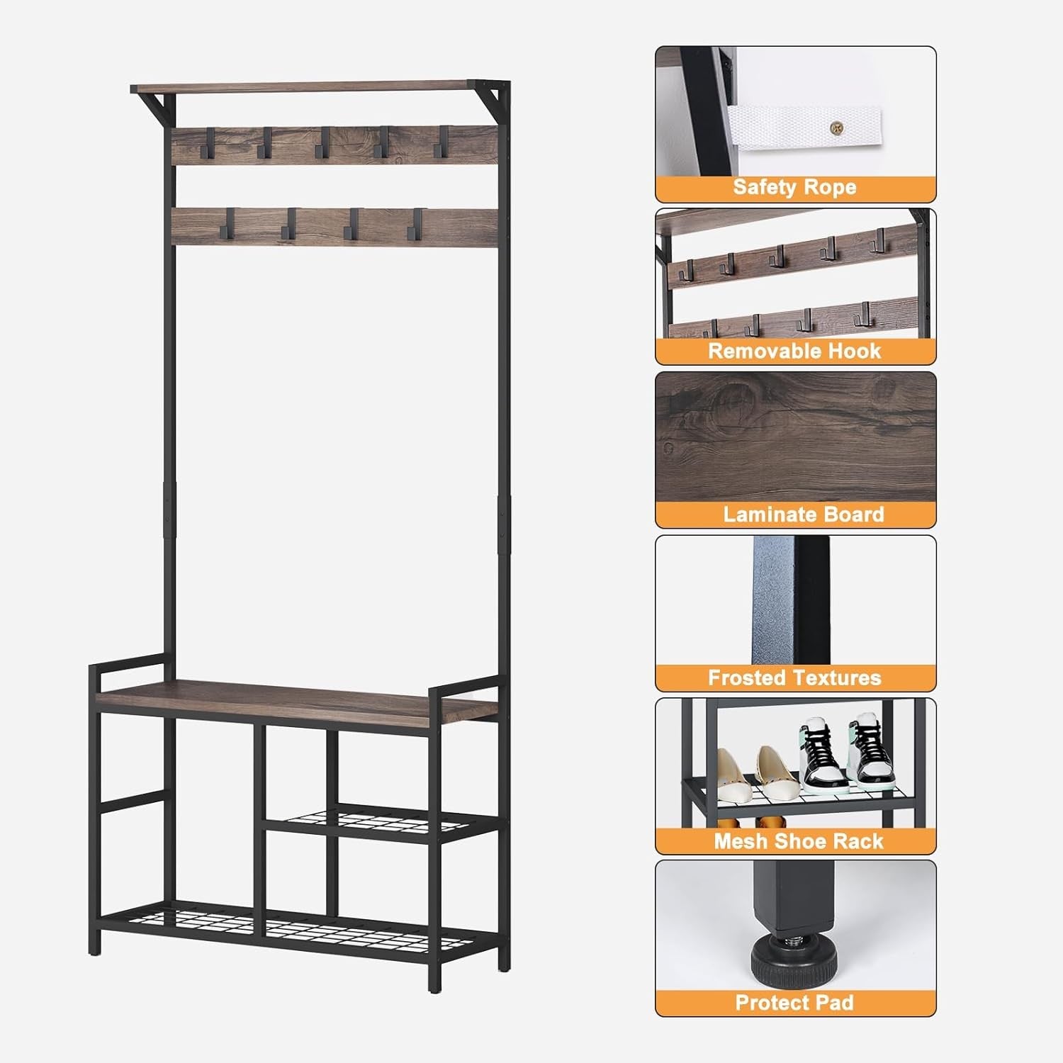 Industrial Coat Rack with Shoe Bench & 9 Hooks | Vintage Brown Hall Tree