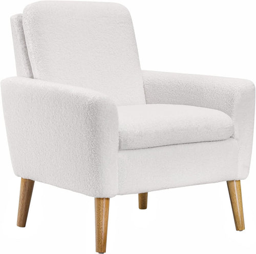 White Lounge Armchair Upholstered with Wood Legs for Living Room Bedroom