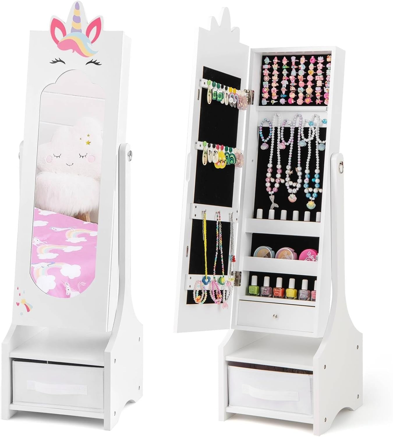Kids Jewelry Cabinet Mirror Organizer Adjustable Princess Storage Unicorn