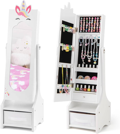 Kids Jewelry Cabinet Mirror Organizer Adjustable Princess Storage Unicorn
