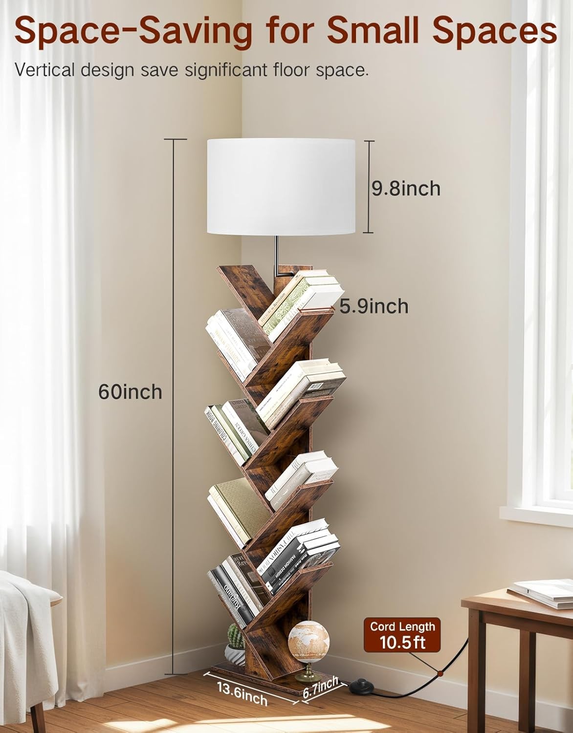 Tree Bookshelf Floor Lamp 9 Tier Wooden Bookcase Light Remote Dimmable