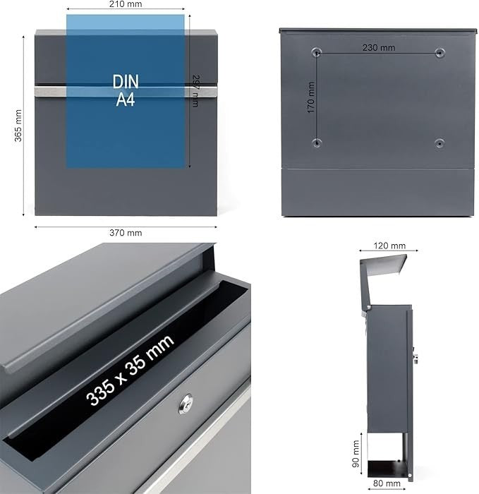 Wall Mounted Letter Box with Newspaper Holder Lockable Steel Mailbox Dark Grey