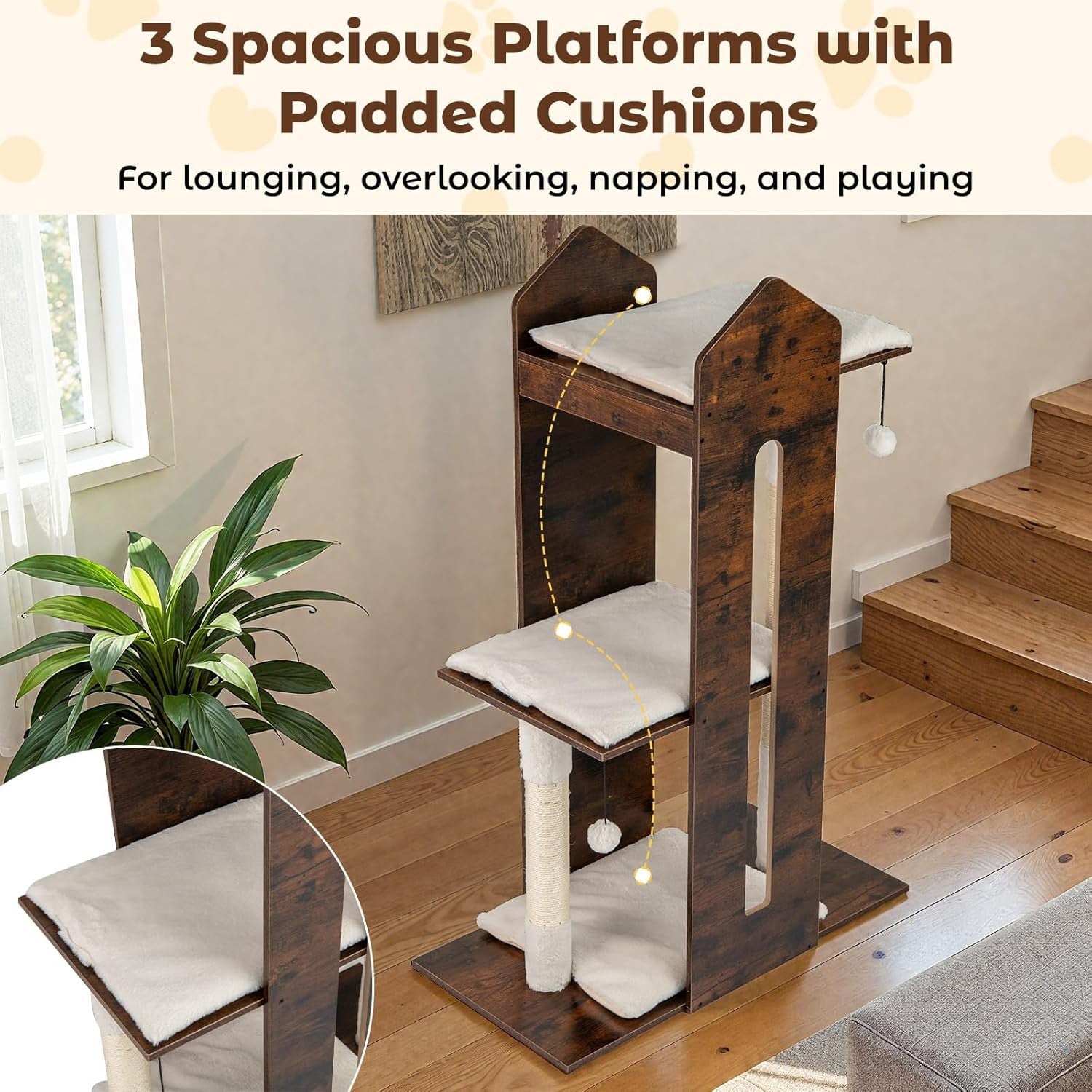 Wooden Cat Tree Tower Dark Brown 120cm Multi-Level Scratching Post Indoor