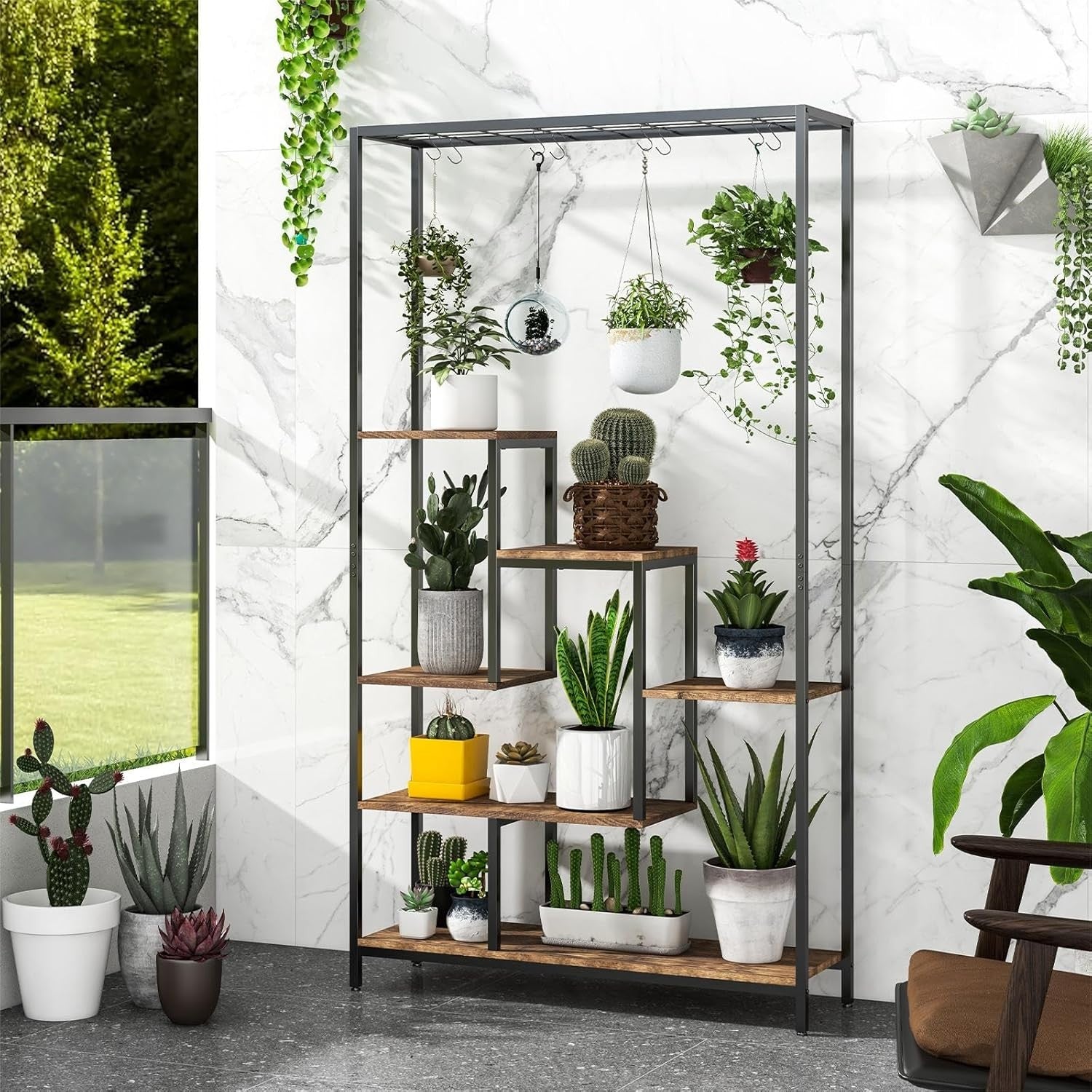6 Tier Metal Plant Stand Rustic Brown Tall Flower Shelf with Hooks for Indoor De