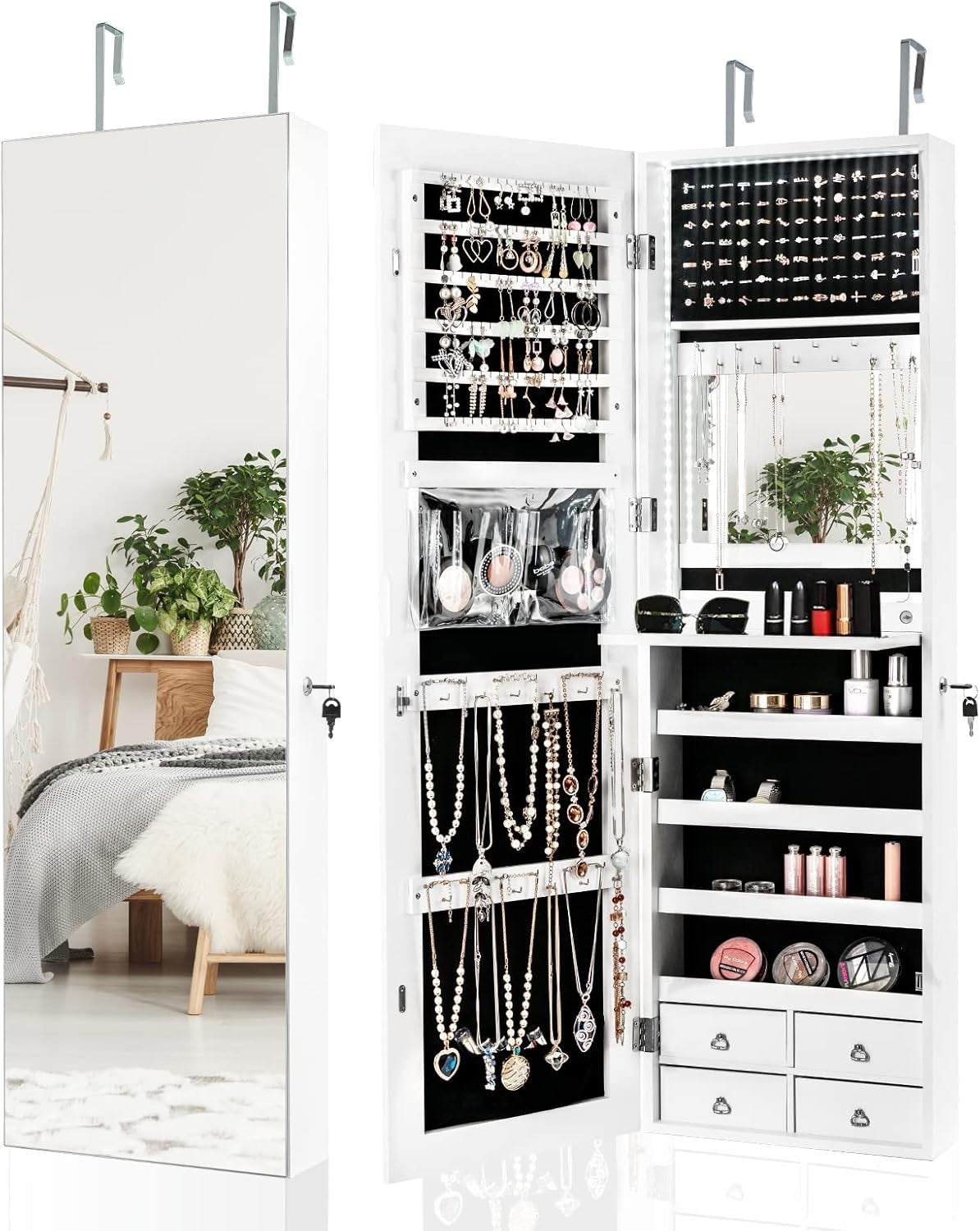 White LED Jewelry Cabinet Wall Mounted Mirror Lockable Storage Organizer