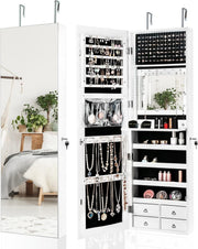 White LED Jewelry Cabinet Wall Mounted Mirror Lockable Storage Organizer