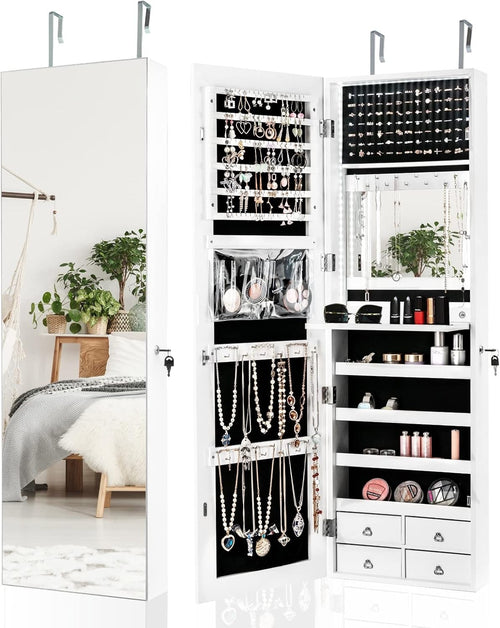 White LED Jewelry Cabinet Wall Mounted Mirror Lockable Storage Organizer