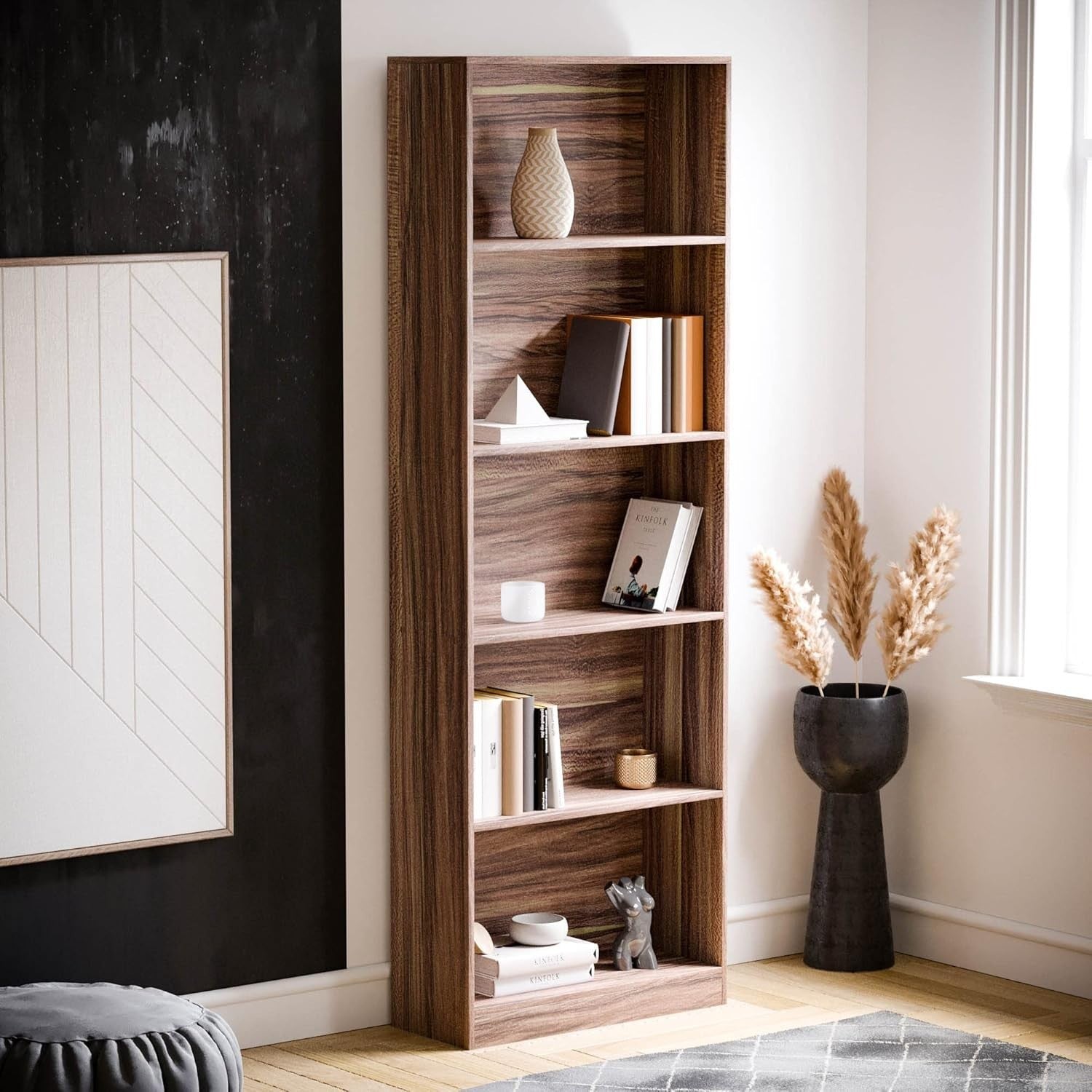 5 Tier Walnut Wooden Bookcase Modern Storage Display Shelf for Living Room